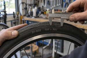 Gros plan sur les marquages de taille ETRTO et en pouces sur le flanc d'un pneu de vélo